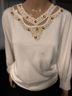 Embellished Ivory Cutout Neck Sweater with Gold Studs
